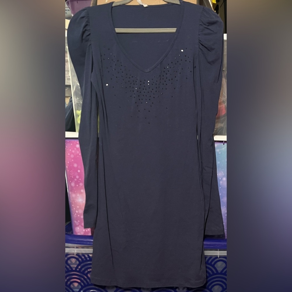 Sweet Claire Navy Blue Rhinestone Long Puffed Sleeve V Neck Midi Dress Medium
